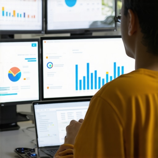 Marketer reviewing CTR analytics on multiple monitors with charts and graphs