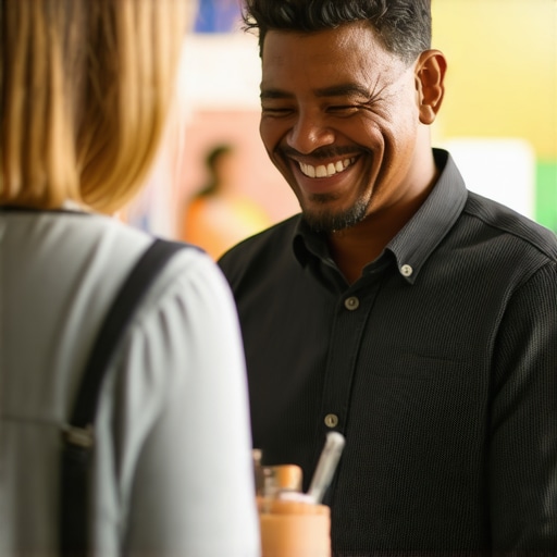 Business owner engaging with community at local event.