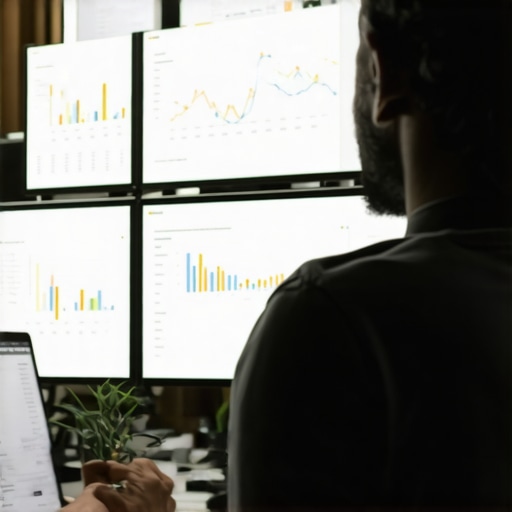 Digital marketer reviewing local SEO analytics on a multi-screen setup.