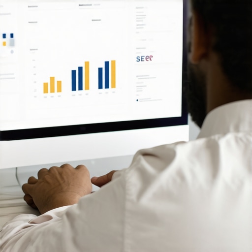 Business owner reviewing SEO analytics on a computer screen with charts and graphs.