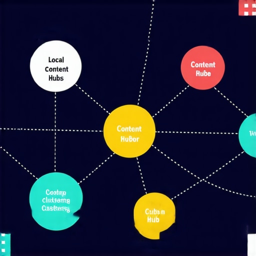 Infographic showing interconnected local content hubs and neighborhood keywords for SEO