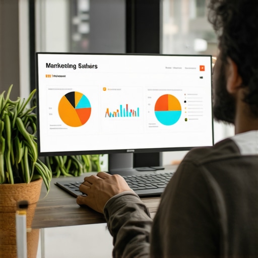 Marketing analyst reviewing CTR analytics with heatmaps and graphs on computer screens.