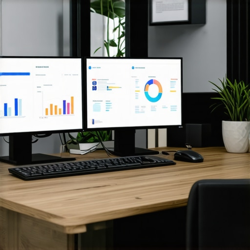 Digital marketing workspace with SEO analytics dashboard