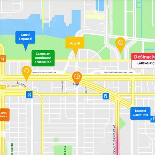 Future of Local SEO with AI and Data Analytics A digital map with icons representing local businesses, signals, and AI analytics tools