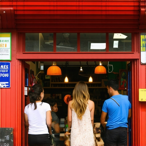 Local Business Facade with Engaged Customers A bustling shopfront showcasing authentic local business ambiance.