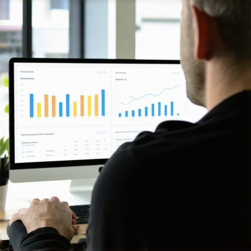 Business owner reviewing local SEO analytics dashboard with graphs and metrics.