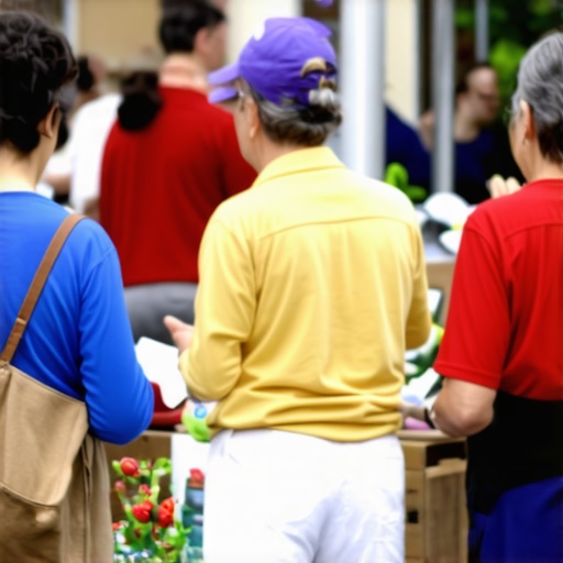 Vendors and customers interacting during a community market event.