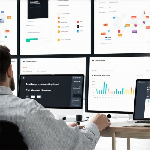 Digital marketer analyzing local SEO and CTR data on multiple screens with graphs and maps.