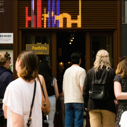 Vibrant storefront with busy pedestrians and clear signage