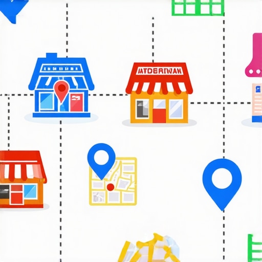 Illustration of a neighborhood with digital overlays indicating local SEO and search signals.