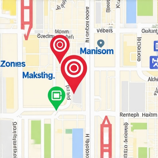 Map with highlighted neighborhoods and digital marketing icons