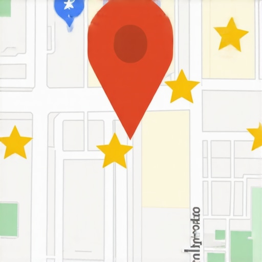 Google map with business icon surrounded by community symbols and review stars.