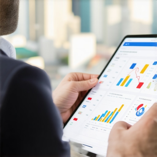 Local SEO Analytics Dashboard Business owner reviewing local SEO performance metrics on a tablet in an urban setting