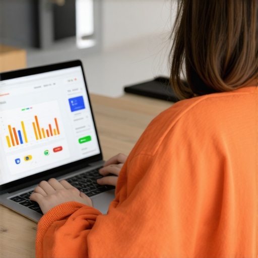 Maximize CTR with Visual Content and Profile Optimization Business owner optimizing GMB profile with engaging images and analytics on screen.