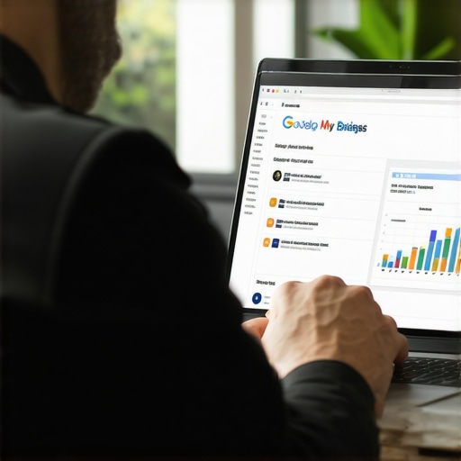 Optimizing GMB Profile for Local SEO Success Business owner reviewing GMB listing analytics on a laptop, focusing on CTR improvements.