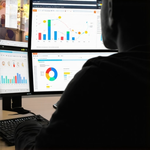 Expert analyzing local SEO performance metrics on multiple screens showing graphs and data dashboards.