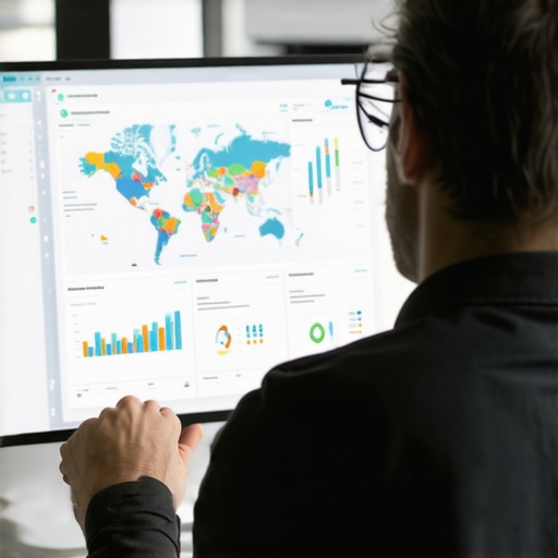 Business owner reviewing detailed local SEO analytics on a digital screen with maps and graphs.