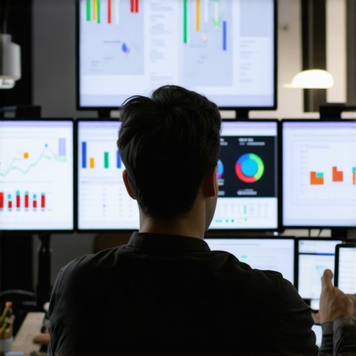 Digital marketer reviewing local SEO analytics on screens with maps and graphs.