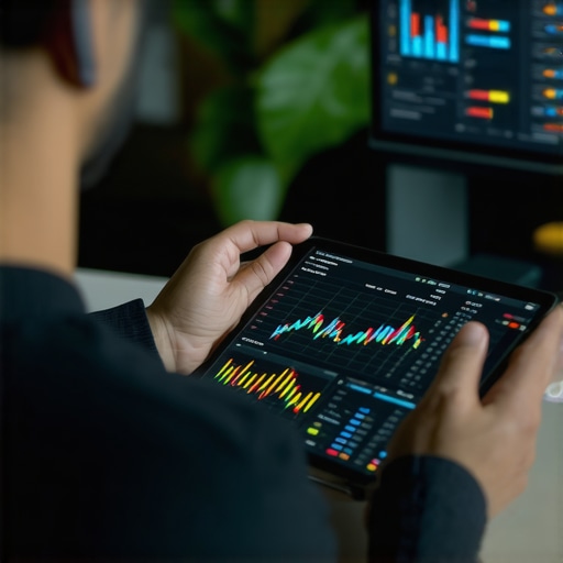 Business owner reviewing SEO analytics on a tablet with colorful charts and graphs.