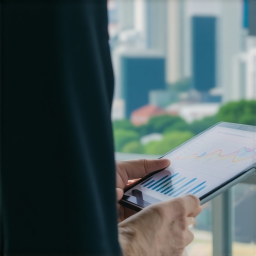 Business professional analyzing local SEO metrics on tablet in urban environment.