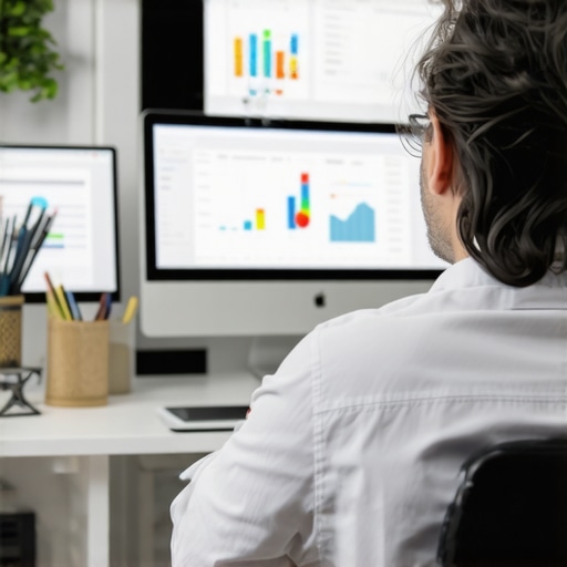 Professional reviewing local SEO performance metrics with charts and digital devices.