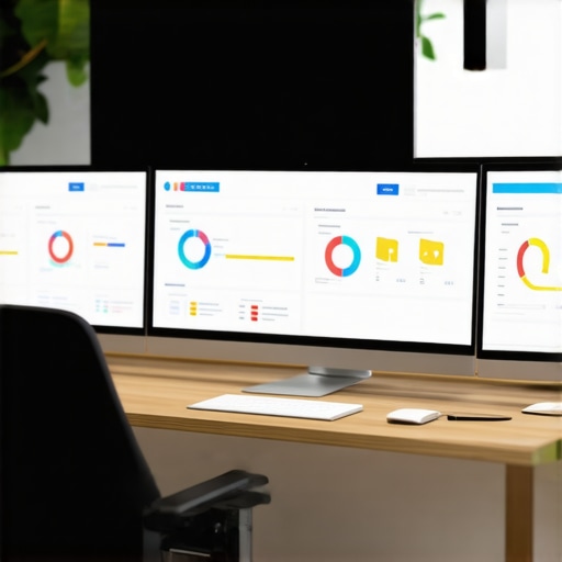 Modern workspace showing social media and geospatial analytics dashboards