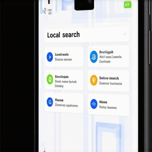 Smartphone showing local search results for business listings with voice and visual icons.