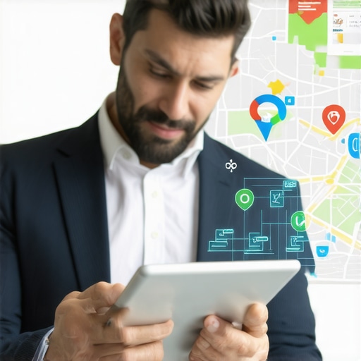 Business owner analyzing local SEO data on a tablet with maps and digital icons.