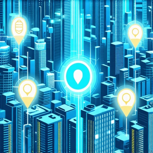 Futuristic city with digital map overlays and user icons representing advanced local SEO tactics.