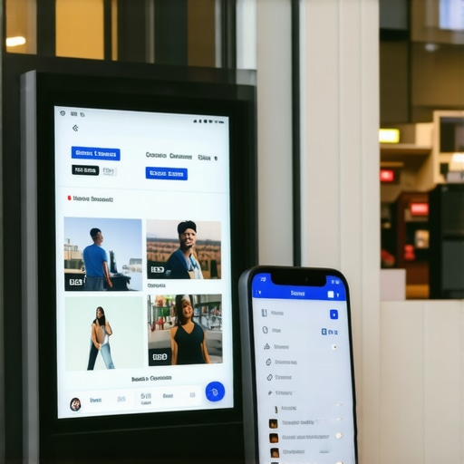 Local business storefront with digital display and person using voice search on smartphone.