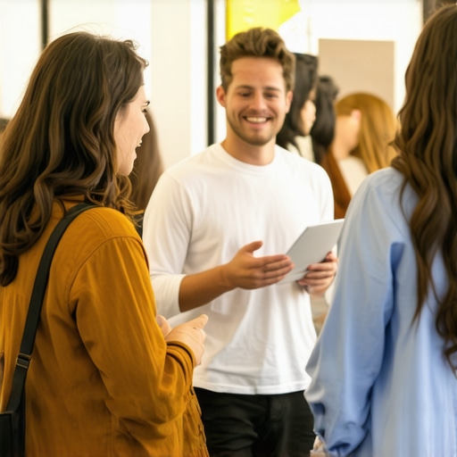 Local business team engaging with community members at a local event, capturing photos for social media.