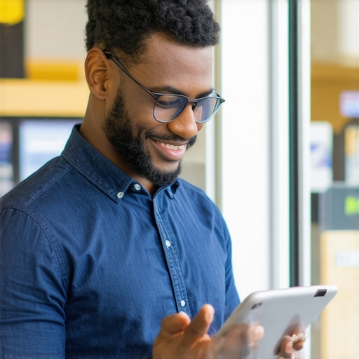 Person interacting with reviews on a tablet to enhance GMB profile authority.