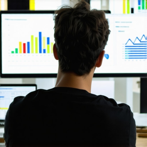 A marketer reviewing GMB analytics on multiple screens, indicating advanced signal strategies.