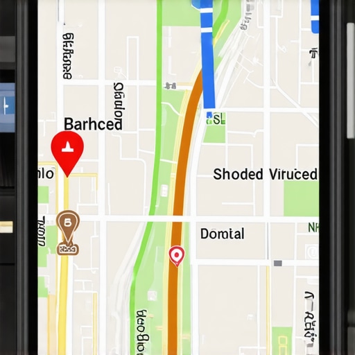 Mobile device showing local maps amidst urban setting with signal icons