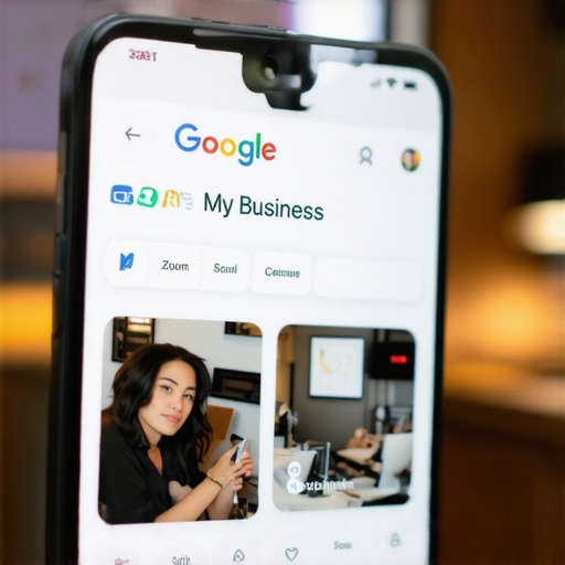 User interacting with GMB profile on smartphone, emphasizing micro-movements like zooming and scrolling.