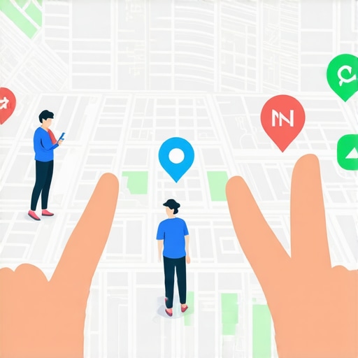 A futuristic map visualization showcasing mobile, voice, and geofencing interactions influencing local search rankings.