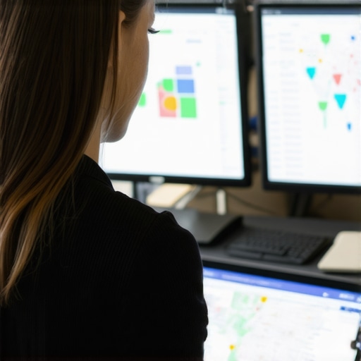 Business professional reviewing local SEO metrics on a digital screen showing maps and analytics