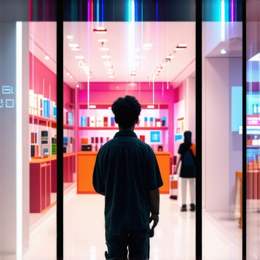 Futuristic retail storefront with augmented reality navigation and geo-fencing overlays.