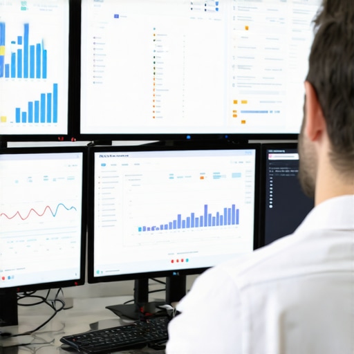 Marketing professional reviewing CTR and engagement data on digital screens for local SEO optimization.