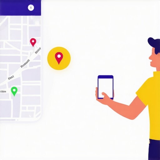 A digital art depiction showing a user interacting with AR overlays on storefronts and map data.