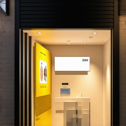 A conceptual illustration of a storefront featuring augmented reality elements and interactive digital signage.