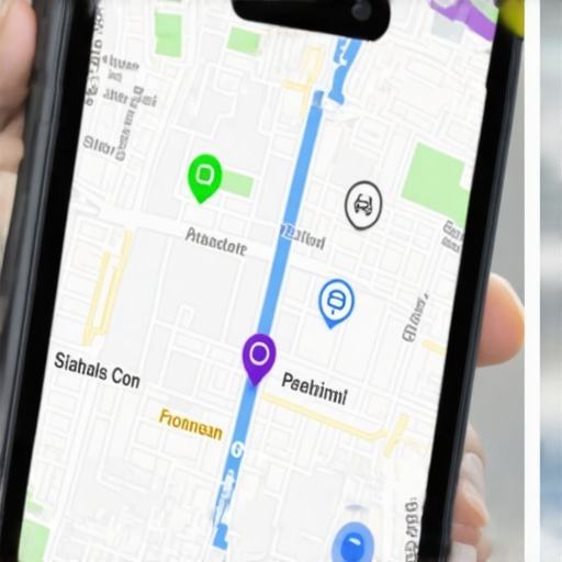 Smartphone interface showing map navigation with sensor and motion tracking indicators.