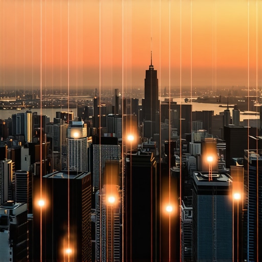 Cityscape illustrating digital signals layered over urban environment