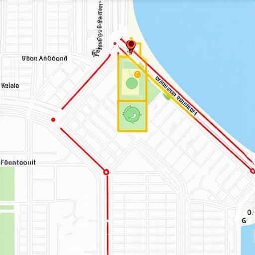 Map with geo-fencing zones, dynamic data overlays, and user interaction points.