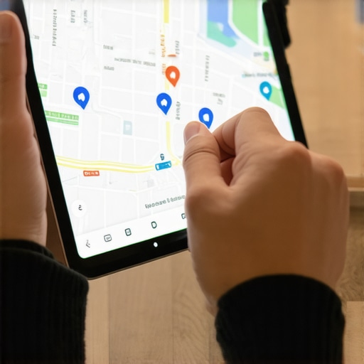 Hands performing zoom and pan gestures on a tablet showing a digital map.